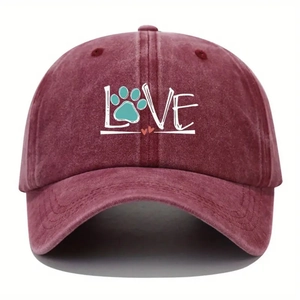 Vintage washed dark red baseball cap with LOVE and paw print embroidery for outdoor
