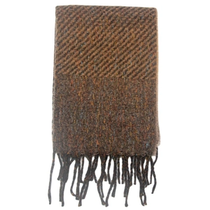 Detail of brown tweed scarf showing twill weave texture and colorful tassel fringe