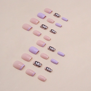 Short ballet aurora glitter lavender nails with delicate black butterfly patterns