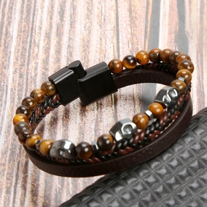Skull charm multi-layer bracelet with brown leather, tiger eye beads and magnetic clasp