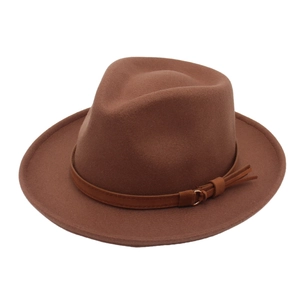 Classic brown fedora hat in vintage wool felt with decorative band and metallic ring detail
