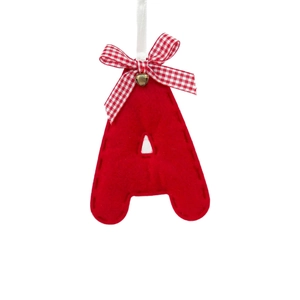 Red felt Christmas tree ornament shaped like letter A with bow and golden bell decoration