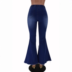High waist dark blue denim flare jeans for women featuring back pockets and elastic fabric