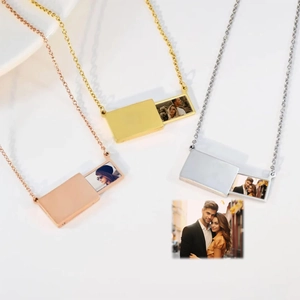 Customizable rectangular slide photo locket pendant necklaces in gold, silver, and rose gold