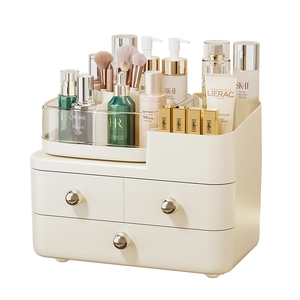 Large capacity cream white cosmetic organizer with drawers and silver metal handles