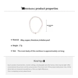 Multi-strand pearl necklace with rhinestone heart pendant and technical specifications