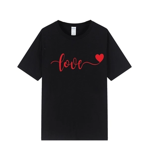Classic black short-sleeve T-shirt with red handwritten love and heart graphic print