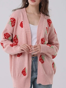 Women Plus Size Knitted Cardigan Pink Sweet Strawberry Pattern V-Neck Long Sleeve Loose Casual Sweater Outerwear