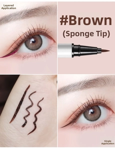 Macro view of brown sponge tip eyeliner with single and layered eye makeup strokes