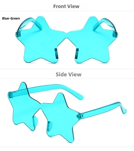 Detail view showing front and side of rimless star-shaped sunglasses in teal blue lens