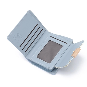Internal view of light blue PU leather wallet showing multiple card slots and ID window