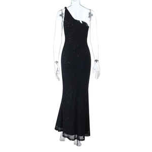 Close-up of black sequined one-shoulder maxi evening dress with a mermaid hemline