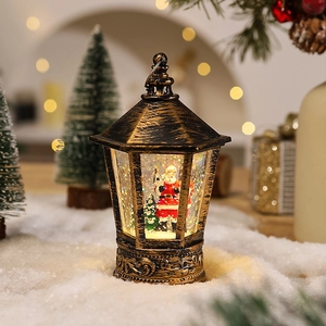 Detail view of retro bronze Christmas lantern featuring Santa Claus on snow