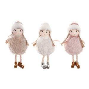 Three plush Christmas angel hanging ornaments in white, beige, and pink for tree decoration
