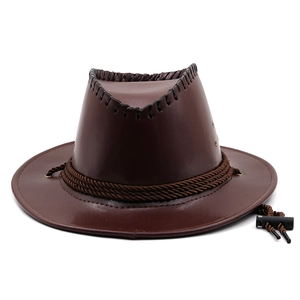 Close-up of the faux leather texture and handcrafted stitching on a brown cowboy hat