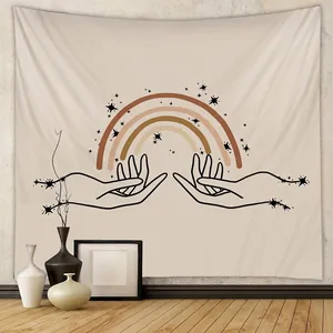 Bohemian Wall Tapestry Hands Holding Rainbow Stars Minimalist Line Art Polyester Hanging Cloth Aesthetic Room Decor