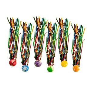 Set of six colorful elastic balls with long glitter tassels on a clean white background