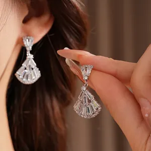 Silver needle fan-shaped zircon earrings with radiant drop design for a luxury look