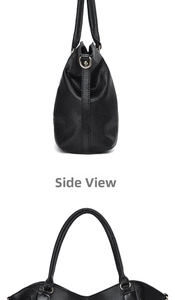 Detail of black lychee grain leather bag with elegant gold hardware and side profile view