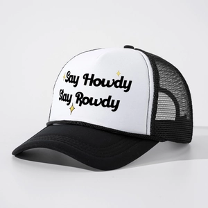 Classic black and white mesh trucker hat featuring Say Howdy Stay Rowdy print design
