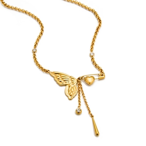 18K gold-plated butterfly and heart pendant necklace with safety pin detail and crystals
