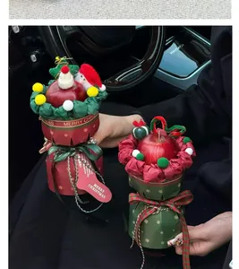 Close-up of Christmas apple gift wrapping with Santa and Merry Christmas tags