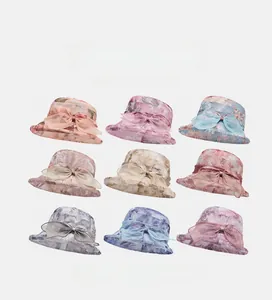 Nine different colors of summer organza bucket hats with elegant mesh bow details