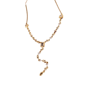 Elegant gold plated Y-shaped tassel necklace featuring leaf and rectangular zircon stones