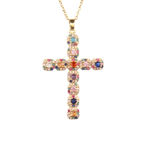 Golden cross necklace with colorful zircon stones and fine steel chain for women