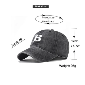 Detailed dimensions of a dark grey washed cotton baseball cap with white B embroidery