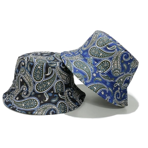 Women's paisley print cotton fisherman bucket hats in black and blue vintage style