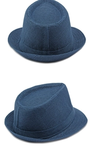 Detail of navy blue woven fedora hat showing breathable texture and structured crown