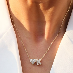 Brass Heart Initial Letter Pendant Necklace With Zircon Inlaid Gold Plated Chain Fashion Jewelry For Women