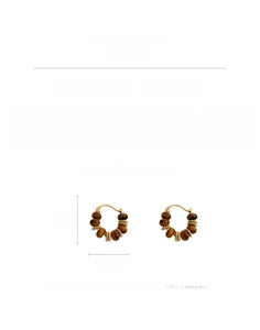 Detail view of 8.7g vintage tiger eye beaded copper hoop earrings with size specs