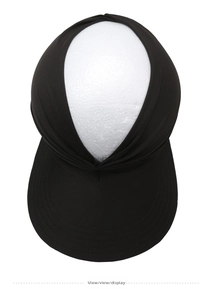 Top view of a black sun visor hat with textured twist knot design on the wide brim