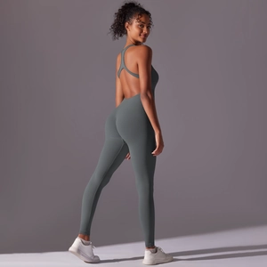 Tiefer V-Rückenausschnitt des graphitgrauen nahtlosen Yoga-Jumpsuits mit Racerback-Trägern
