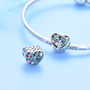 S925 sterling silver heart-shaped family tree charm with colorful gemstones on bracelet