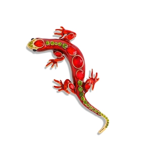 Vintage red lizard brooch with green rhinestones on alloy, elegant animal pin for women