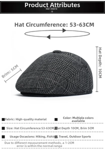 Size chart showing 53-63cm circumference for thermal grey plaid newsboy cap