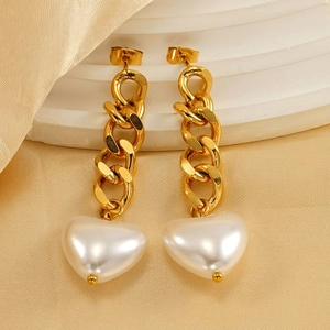 Heart Artificial Pearl Drop Earrings 18K Gold Plated Stainless Steel Cuban Link Chain Dangle Vintage Fashion Jewelry For Women