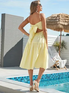 Detailed back view of a yellow sundress featuring an open back with a large bow tie knot