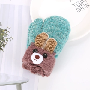 Cute bear-style thick knitted warm winter mittens for toddlers in teal and purple colors
