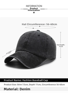 Detailed size guide for black washed cotton baseball cap with adjustable strap and measurements