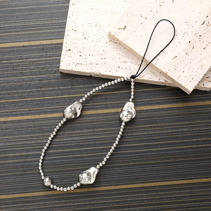 Irregular pearl and diamond encrusted mobile phone strap with silver metallic beads