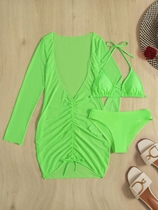 Flat lay of neon green three-piece bikini set with long sleeve mesh cover-up and drawstring