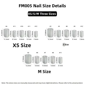 Detailed size chart for pink cat eye press-on nails including XS, S, and M measurements