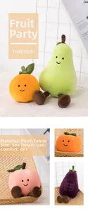 Detailed view of soft plush fruit toys including peach and eggplant with cute faces