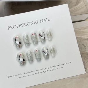Handmade Chinese ink landscape press-on nails with red-crowned cranes and gold accents