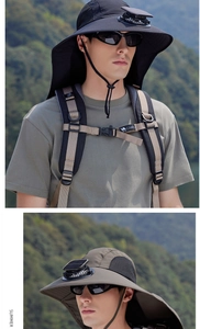 Dettaglio di cappello da sole outdoor con ventola solare e tesa larga proteggi collo
