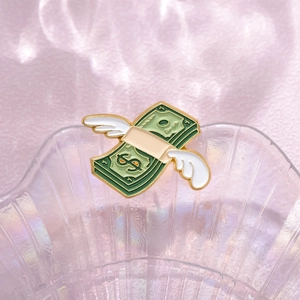 Creative flying money enamel brooch with green dollar bill and white wings in gold plating